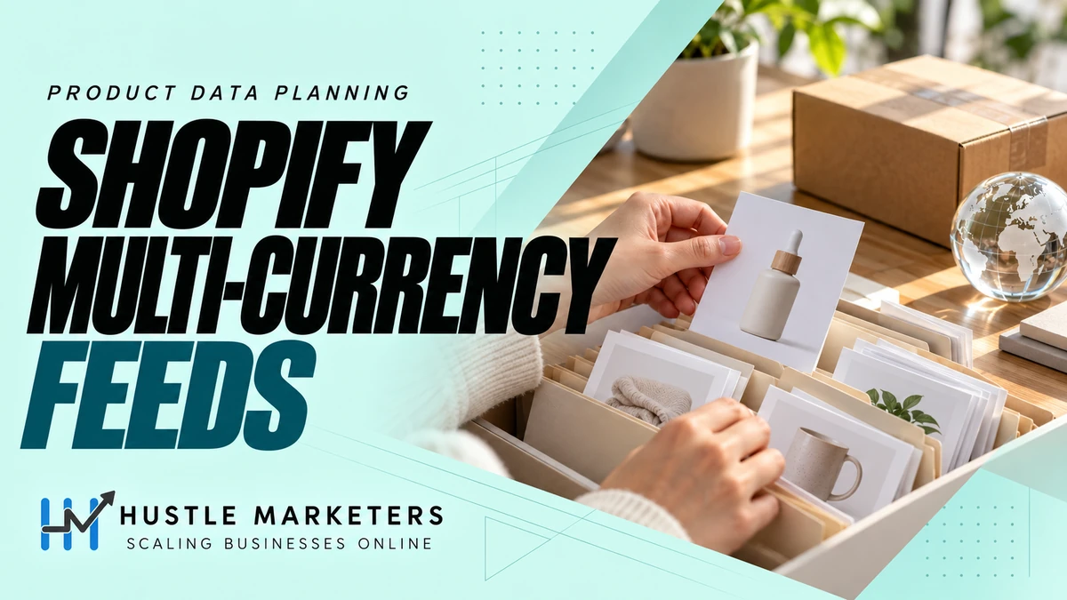 Shopify Multi-Currency Feeds cover showing hands sorting unbranded product cards beside a parcel and a glass globe.