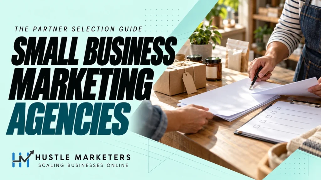 Small Business Marketing Agencies cover showing hands reviewing anonymous proposals beside unbranded shop products and an unticked checklist.