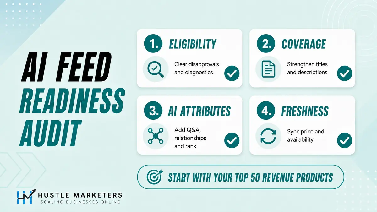 AI feed readiness audit checklist with four steps: eligibility, coverage, AI attributes, and freshness
