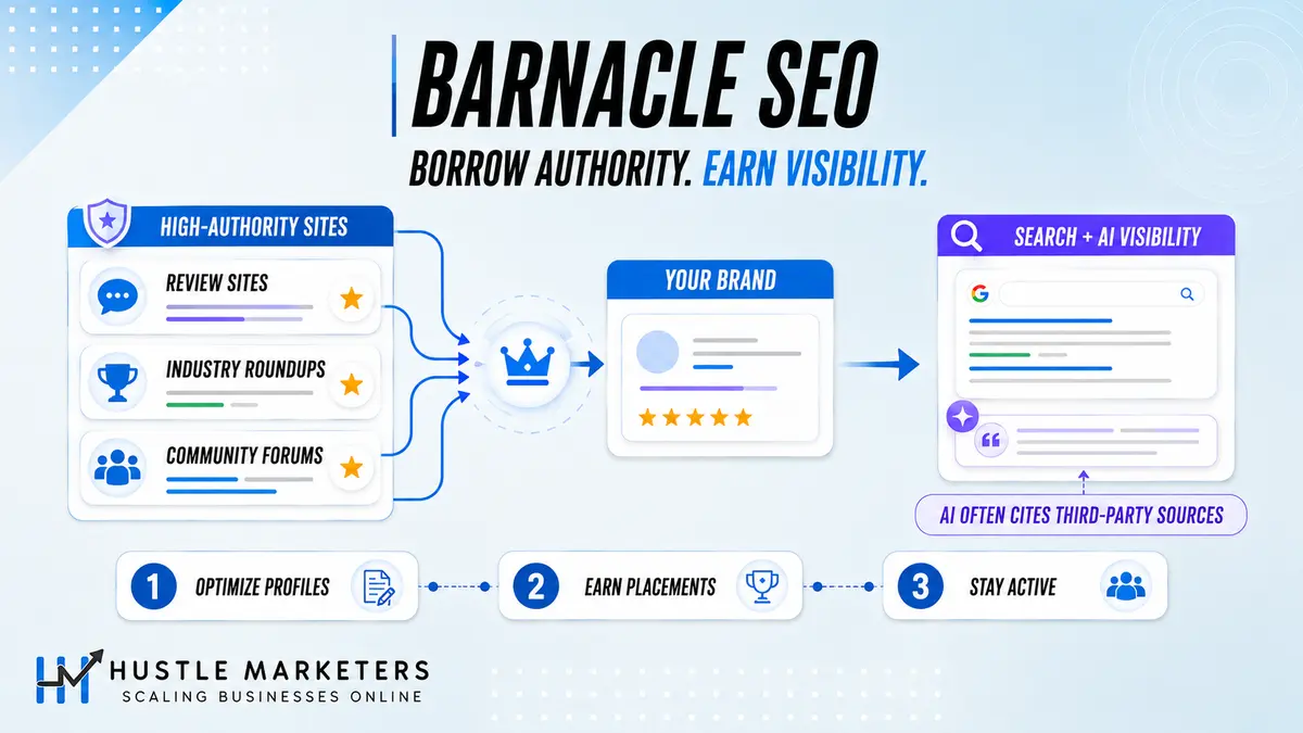 Barnacle SEO infographic showing how review sites, industry roundups, and forums increase brand visibility.