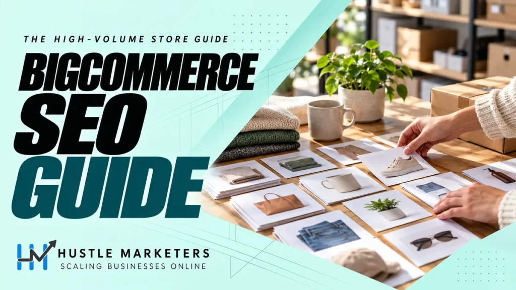 BigCommerce SEO guide with anonymous hands organizing unbranded product cards beside physical inventory and parcels.
