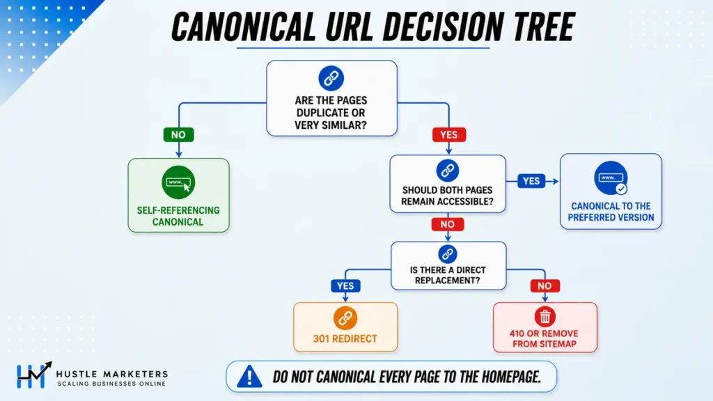 Canonical URL decision tree for duplicate pages, preferred versions and redirects