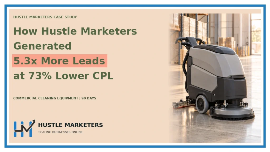 Case study cover: How Hustle Marketers. Generated. 5.3x More Leads. at 73% Lower CPL. COMMERCIAL CLEANING EQUIPMENT | 90 DAYS. Topic scene is illustrative.