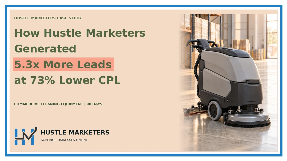 Case study cover: How Hustle Marketers. Generated. 5.3x More Leads. at 73% Lower CPL. COMMERCIAL CLEANING EQUIPMENT | 90 DAYS. Topic scene is illustrative.