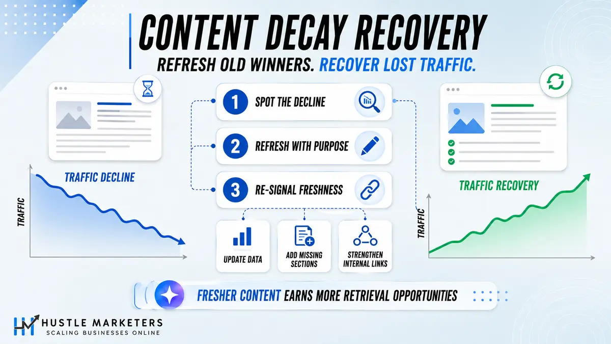 Content decay recovery infographic showing traffic decline followed by content updates and renewed traffic growth.