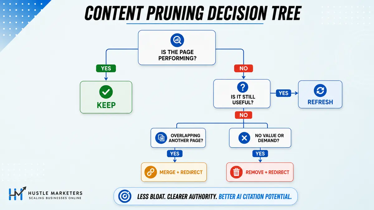 Content pruning decision tree showing when to keep, refresh, merge, or redirect underperforming website pages.