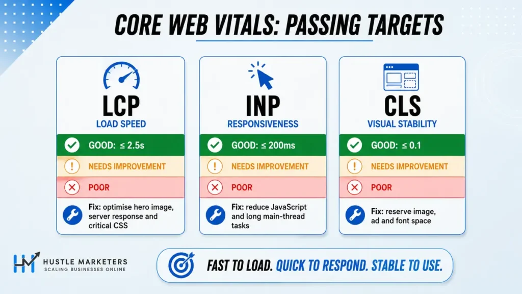 Core Web Vitals passing targets for LCP, INP and CLS