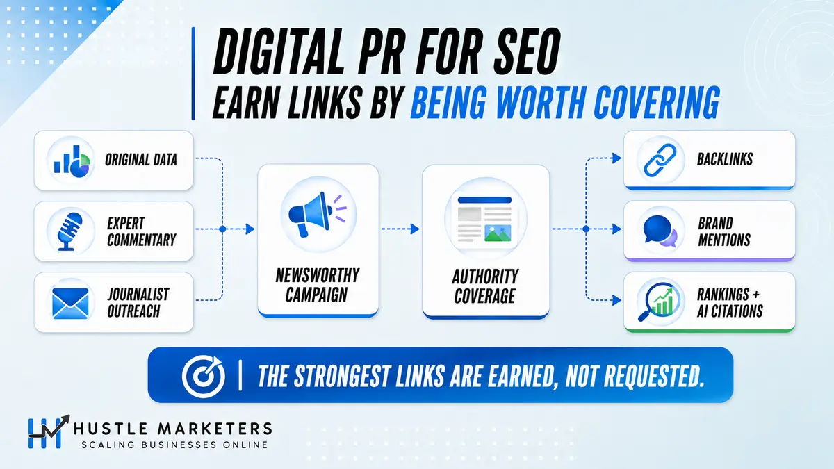 Digital PR for SEO infographic showing original data and journalist outreach earning backlinks and AI citations.