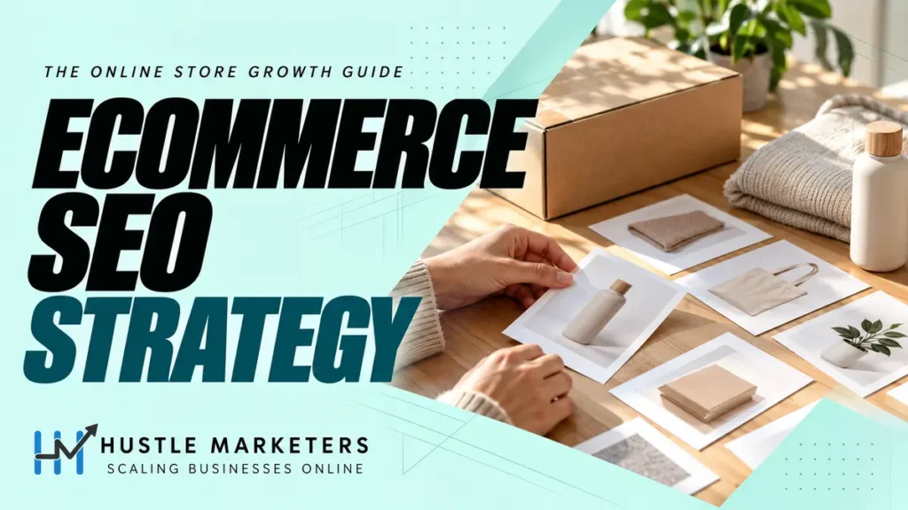 Hustle Marketers ecommerce SEO strategy guide with anonymous hands arranging product cards, a shipping box, and unbranded store items.