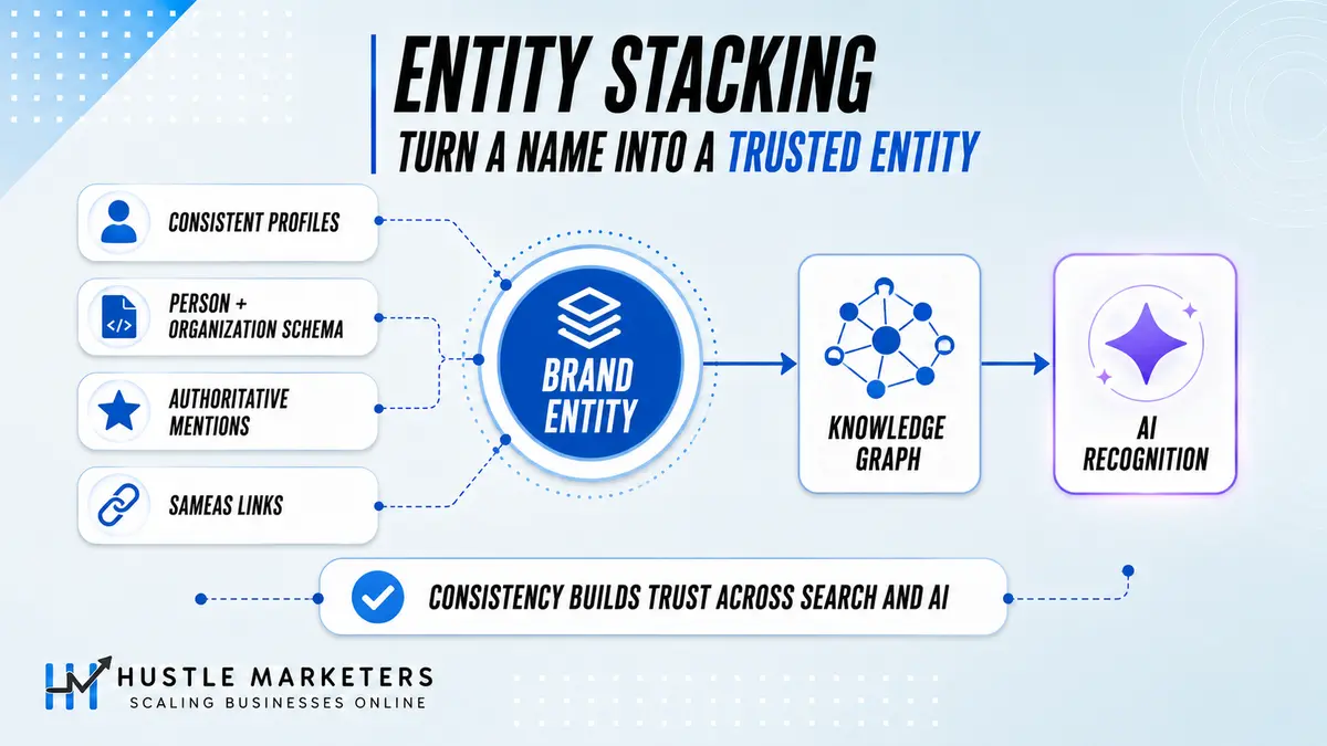 Entity stacking infographic connecting consistent profiles, schema, mentions, and sameAs links to AI recognition.
