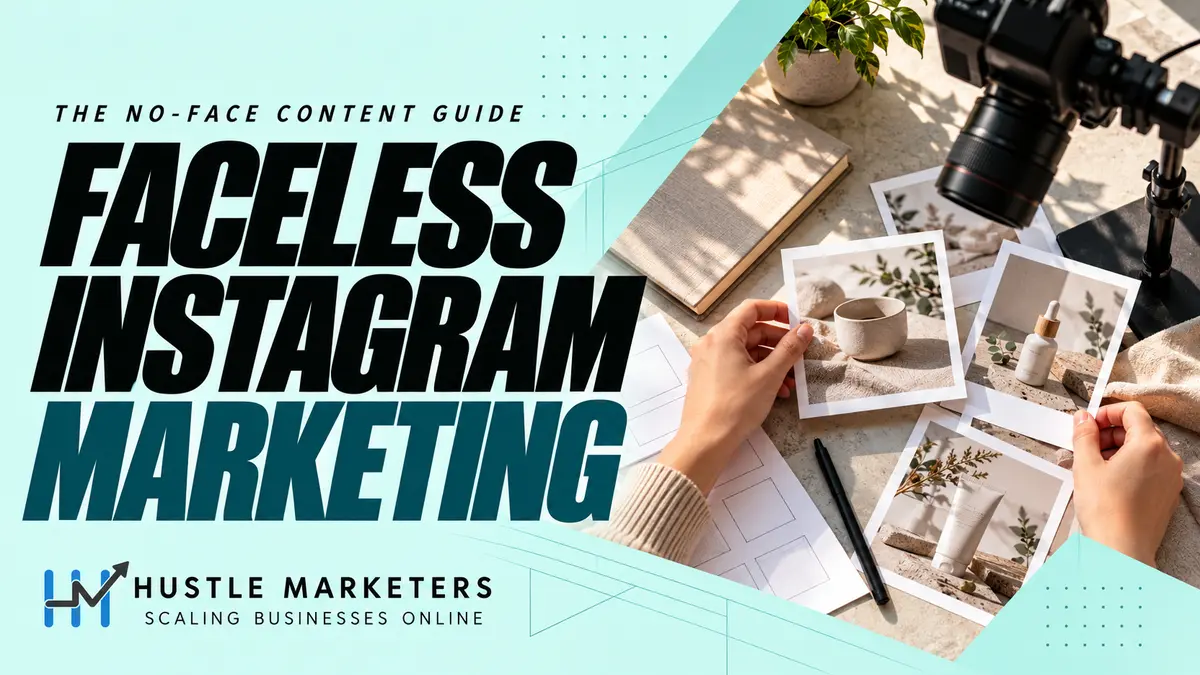 Faceless Instagram Marketing cover with a physical content storyboard and overhead product filming setup.
