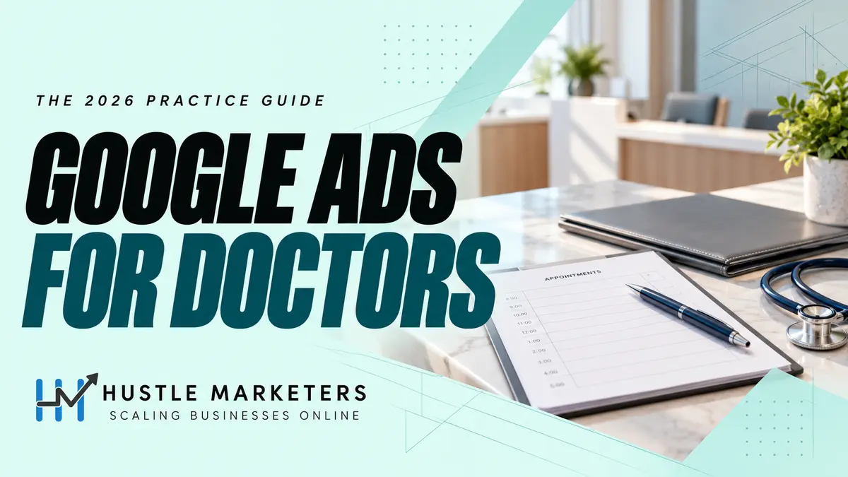 Google Ads for Doctors cover showing a blank appointment planner, stethoscope and closed folder in an empty clinic.