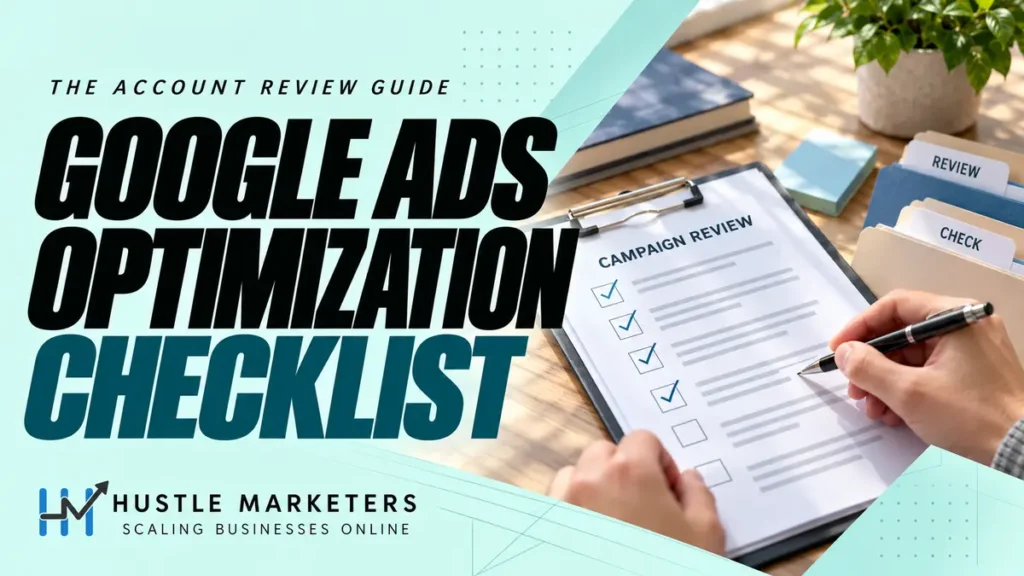 Google Ads optimization checklist with a campaign review clipboard