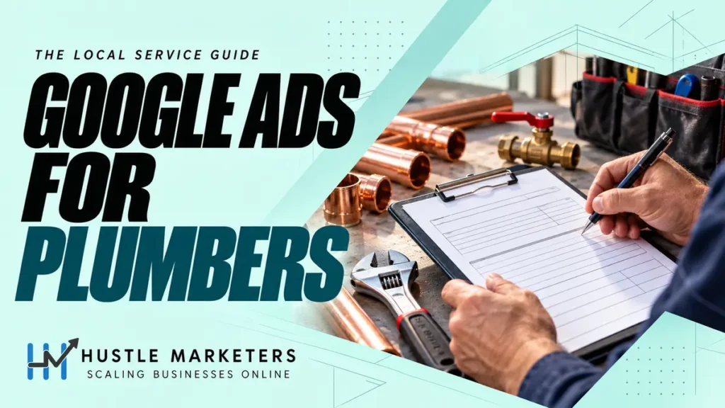 Google Ads for Plumbers cover showing a blank service work order beside plumbing tools and pipe fittings.