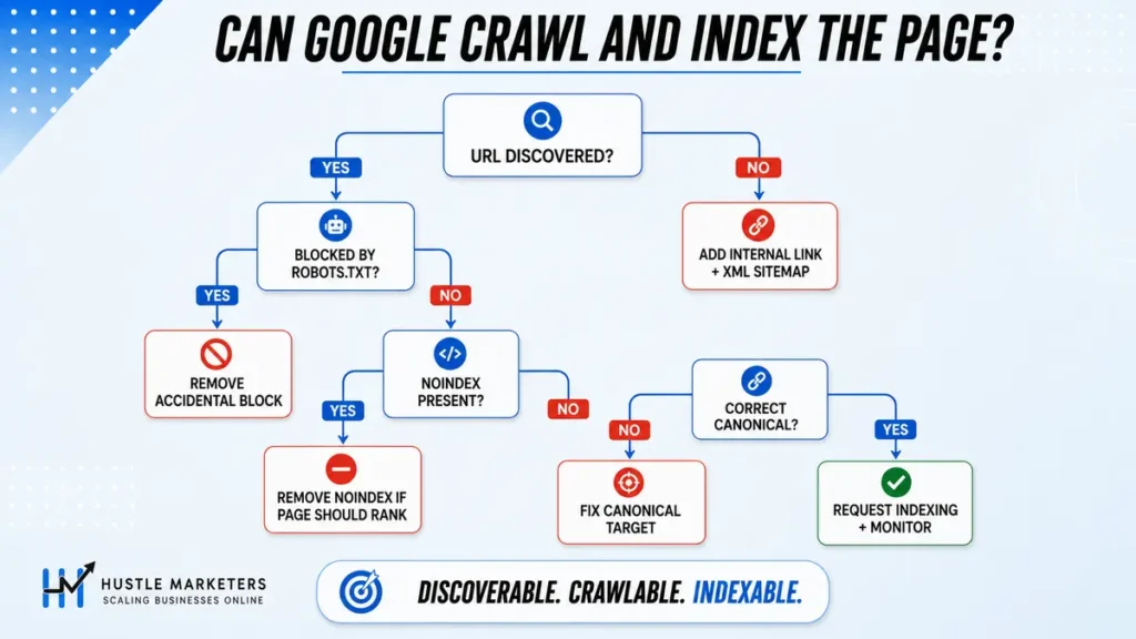 Decision tree for checking whether Google can crawl and index a webpage