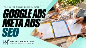 Google Ads, Meta Ads and SEO planning for Metro Manila businesses with three physical campaign folders and unbranded creative cards.