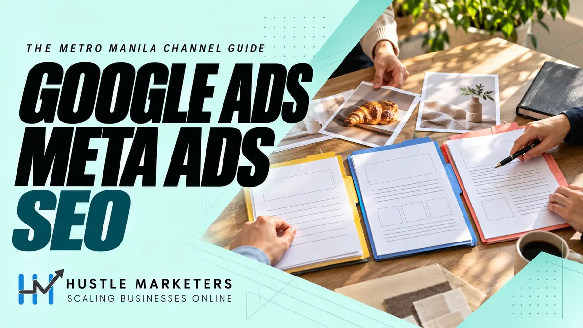 Google Ads, Meta Ads and SEO planning for Metro Manila businesses with three physical campaign folders and unbranded creative cards.