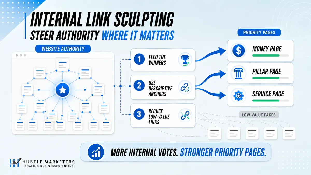 Internal link sculpting infographic showing website authority flowing to money, pillar, and service pages.