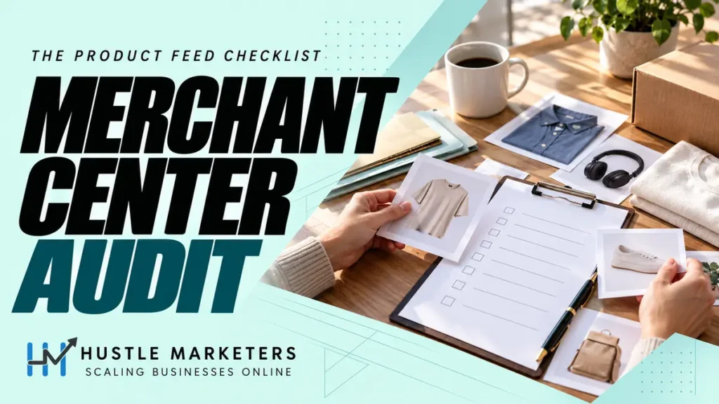 Merchant Center Audit cover showing physical product photographs and a blank review checklist.