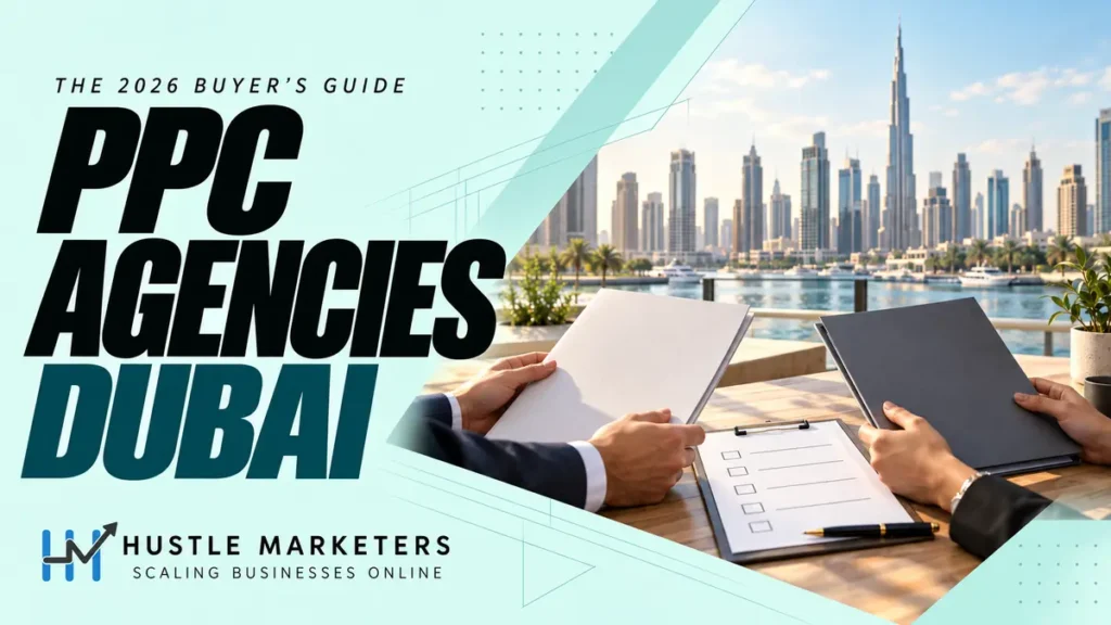 PPC Agencies Dubai cover showing anonymous hands comparing blank proposals and an evidence checklist beside the Dubai skyline.