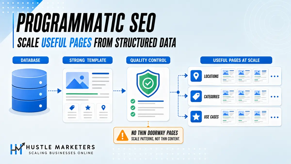 Programmatic SEO infographic showing structured data, templates, and quality control producing useful pages at scale.