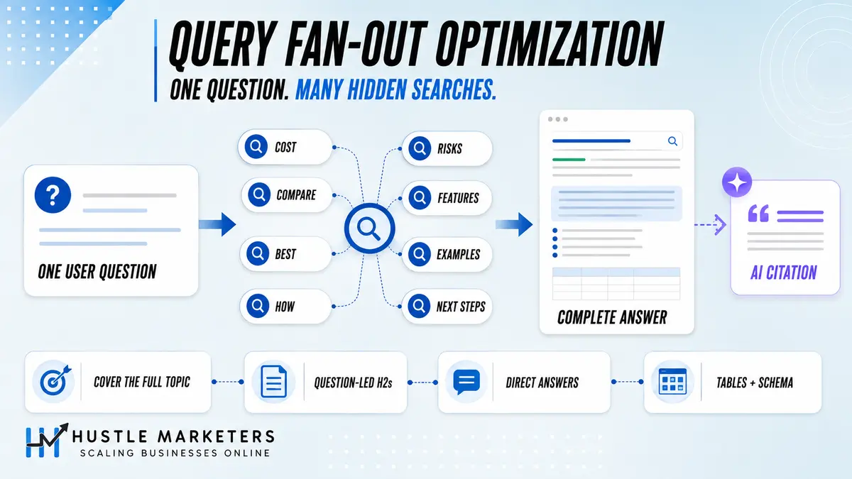 Query fan-out optimization infographic showing one user question splitting into hidden subqueries and an AI citation.