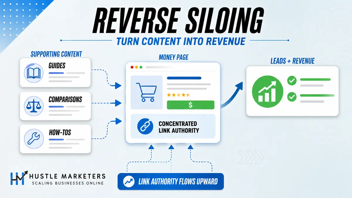 Reverse siloing infographic showing supporting guides and comparison pages passing link authority to a money page.