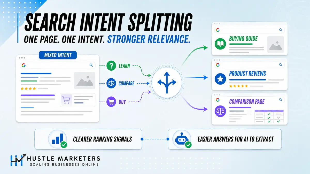 Search intent splitting infographic separating mixed intent into buying guide, product review, and comparison pages.