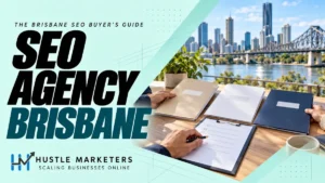 SEO Brisbane cover showing anonymous hands comparing blank agency proposals beside a Brisbane riverfront view.