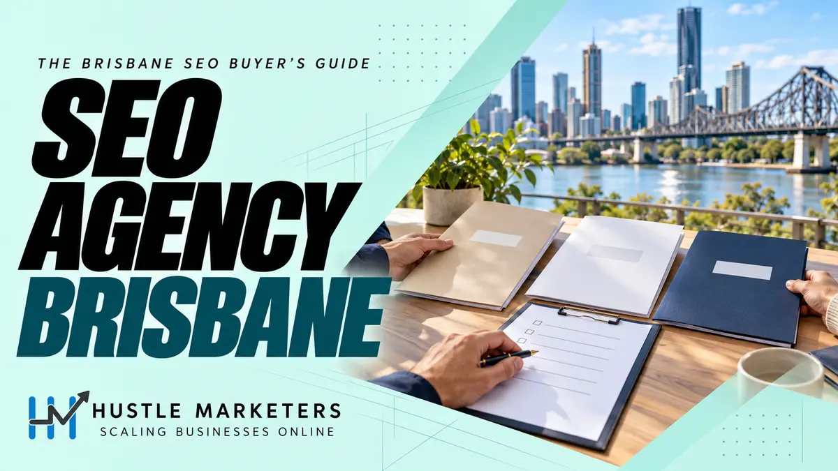 SEO Brisbane cover showing anonymous hands comparing blank agency proposals beside a Brisbane riverfront view.