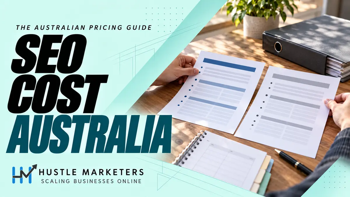 Australian SEO cost guide with anonymous hands comparing itemized paper scopes beside an annual planner and binder.