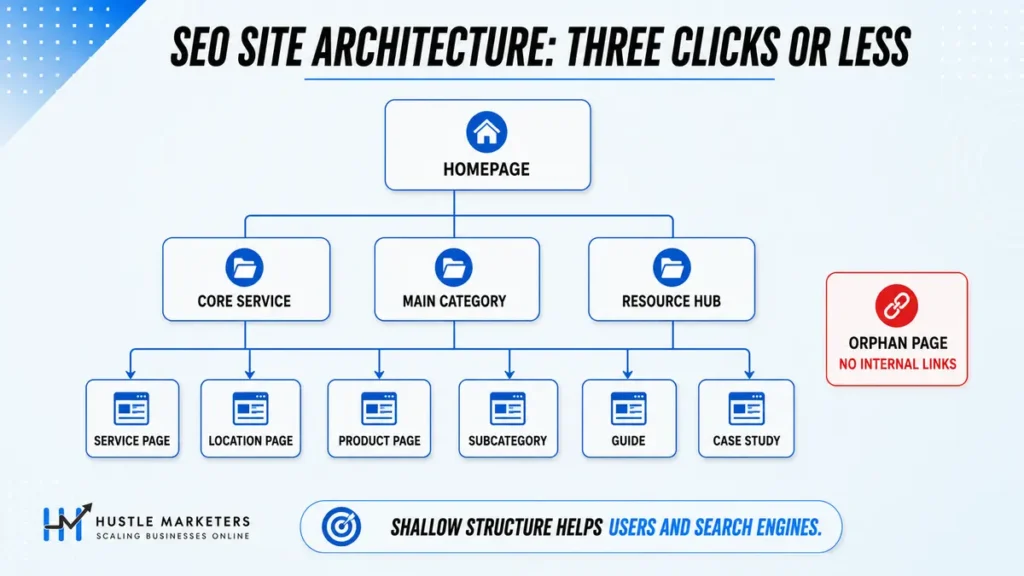 SEO site architecture diagram showing important pages within three clicks and an orphan page without internal links