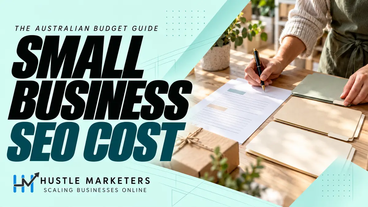 Australian small-business SEO budget planning with a paper planner, phased-work folders and an unbranded parcel.