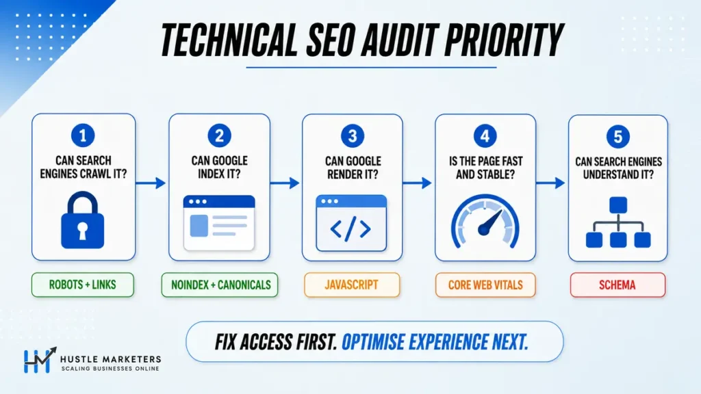 Technical SEO audit priority flow from crawling and indexing to rendering, Core Web Vitals and schema