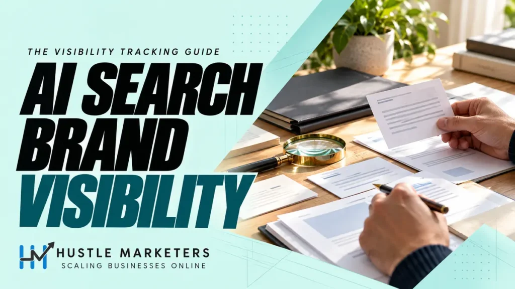 Hustle Marketers AI search brand visibility guide with anonymous hands reviewing physical source cards and citation notes.