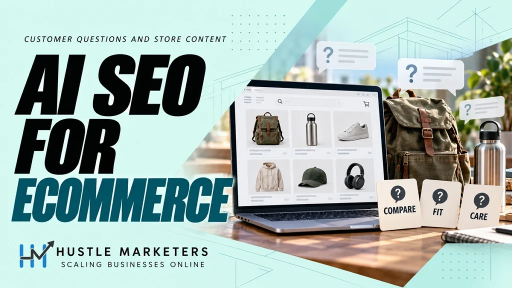 AI SEO for Ecommerce cover with an illustrative store laptop, canvas backpack, water bottle and compare, fit and care question cards.