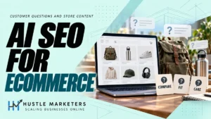 AI SEO for Ecommerce cover with an illustrative store laptop, canvas backpack, water bottle and compare, fit and care question cards.