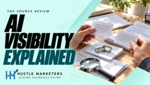 Hustle Marketers AI visibility guide with physical source cards, linked chain pieces, and an anonymous source-review scene.