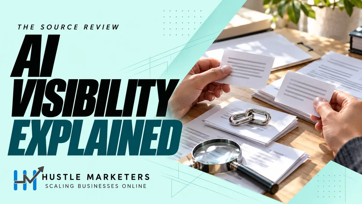 Hustle Marketers AI visibility guide with physical source cards, linked chain pieces, and an anonymous source-review scene.