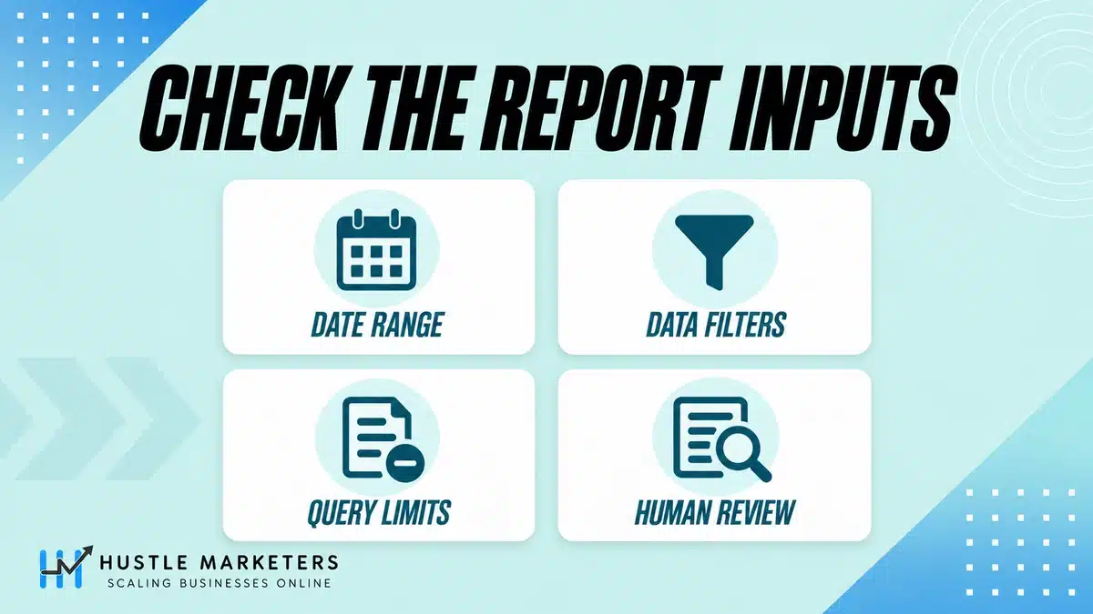 Automated SEO report checks for date range, data filters, query limits and human review.