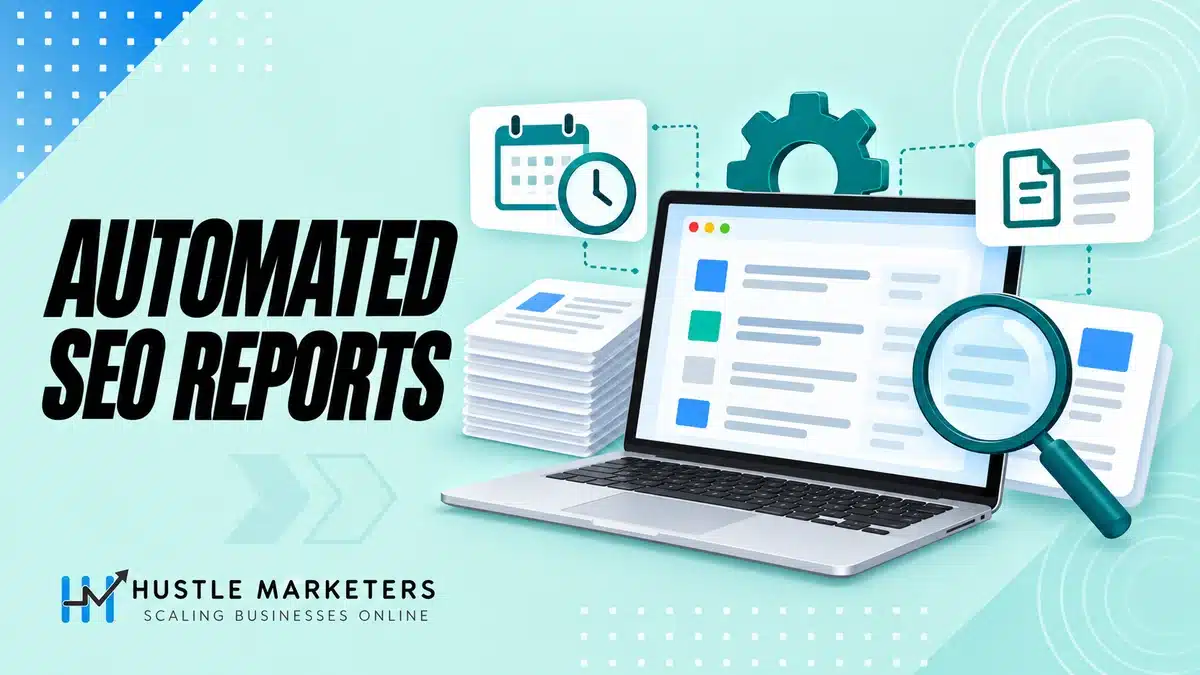 Automated SEO reporting illustration with scheduled reports, a laptop and a magnifying glass for data review.