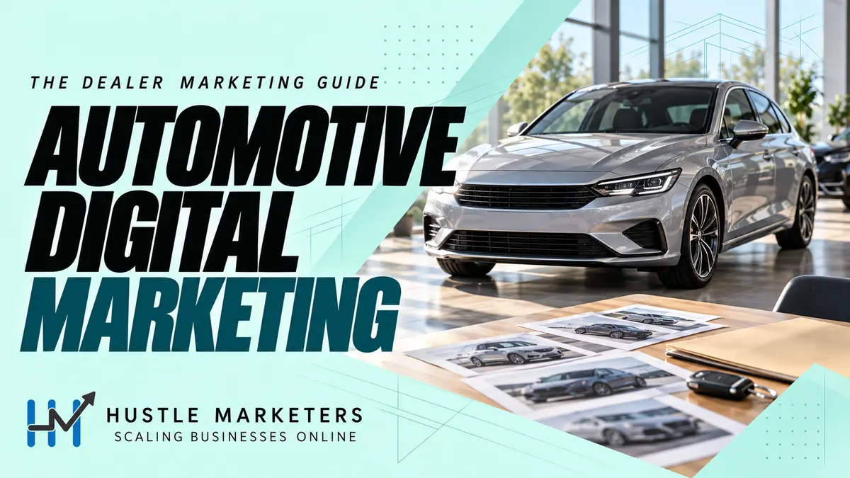 Hustle Marketers automotive digital marketing guide with an anonymous unbranded vehicle and physical inventory-planning cards.