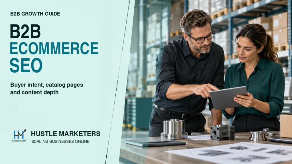 B2B ecommerce professionals reviewing product specifications and catalog SEO strategy