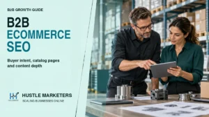 B2B ecommerce professionals reviewing product specifications and catalog SEO strategy