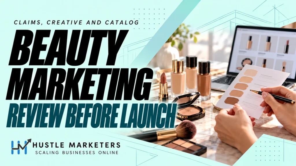 Beauty marketing cover with illustrative cosmetics, foundation shades, a makeup brush and anonymous hands reviewing a shade card beside a catalog mockup.