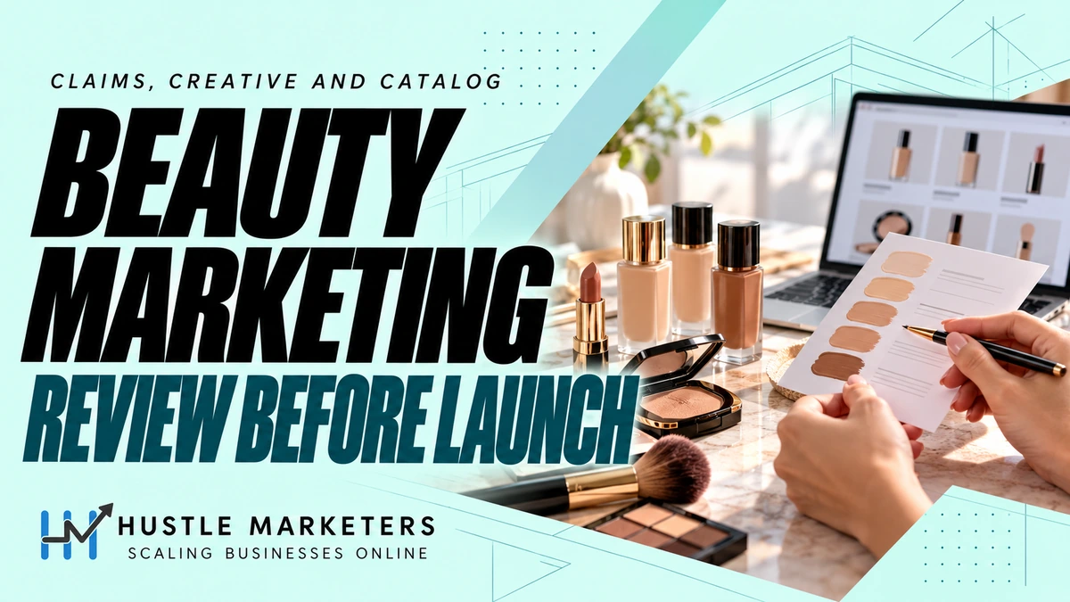 Beauty marketing cover with illustrative cosmetics, foundation shades, a makeup brush and anonymous hands reviewing a shade card beside a catalog mockup.
