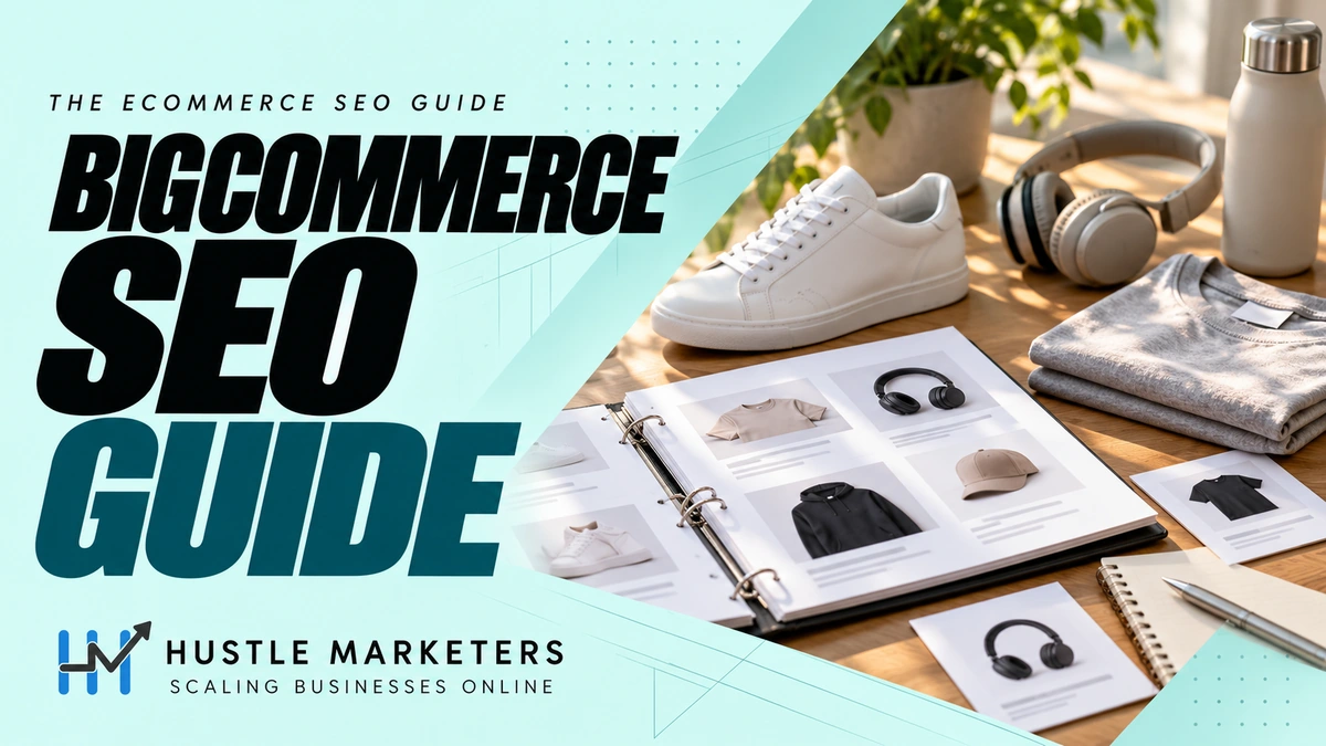 BigCommerce SEO guide with product catalog planning cards, a sneaker, headphones, water bottle and folded shirt