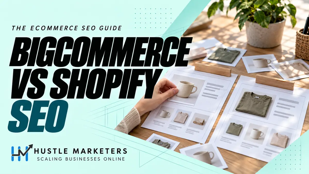 Hustle Marketers BigCommerce versus Shopify SEO guide with a physical product catalog and two neutral storefront planning boards.