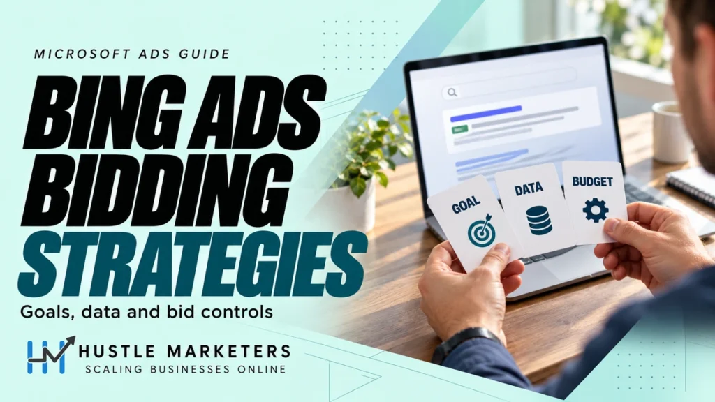 Bing Ads bidding strategies cover with a realistic marketer holding goal, data and budget cards beside an illustrative laptop.