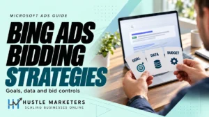 Bing Ads bidding strategies cover with a realistic marketer holding goal, data and budget cards beside an illustrative laptop.